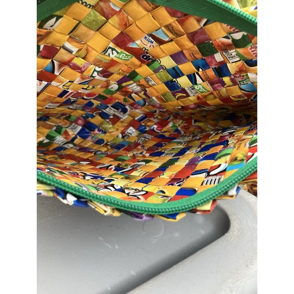 Handwoven Recycled Wrapper Clutch Purse Uncycled Colorful Zip Pouch 10”x7”
